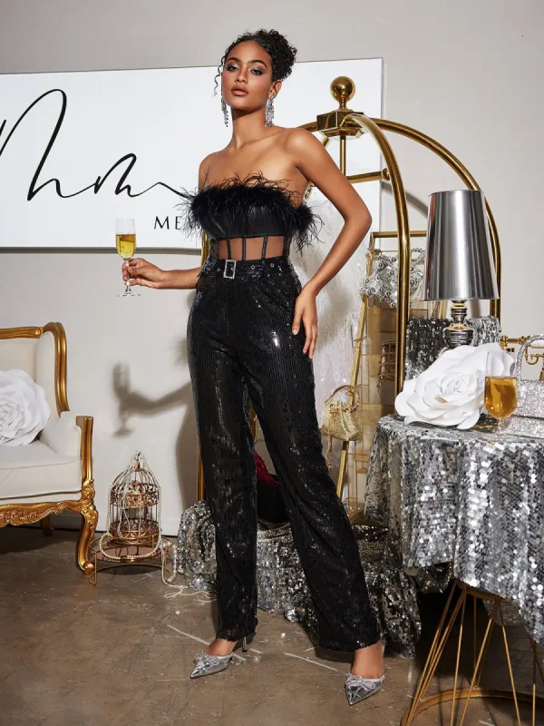 Faro Feather Sequin Jumpsuit sold by Mew Mews