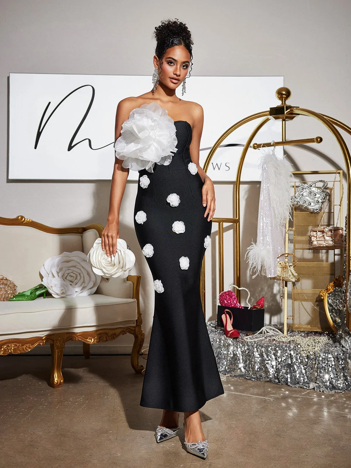 Burr Strapless Flower Bandage Maxi Dress sold by Mew Mews product image thumbnail 2