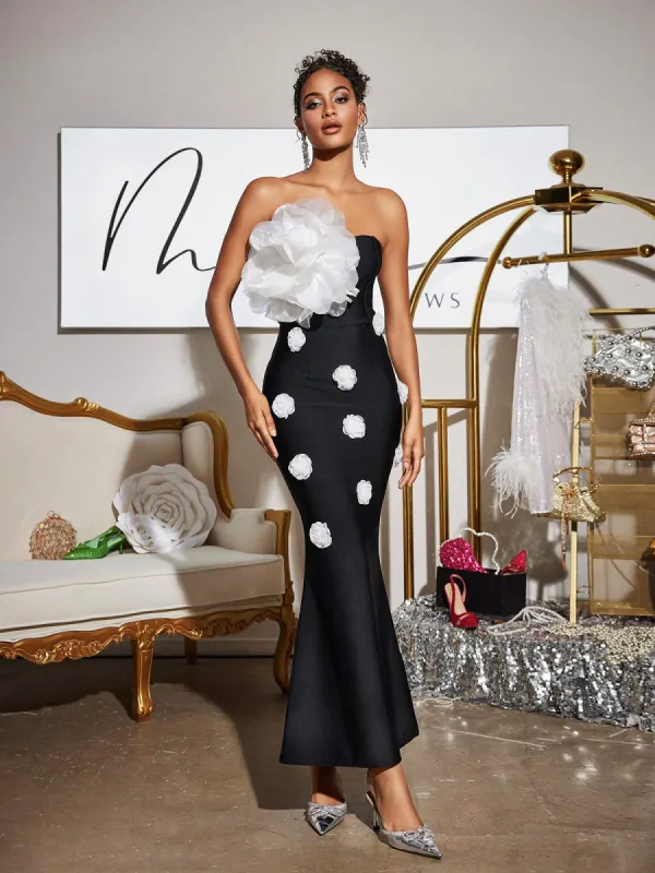 Burr Strapless Flower Bandage Maxi Dress sold by Mew Mews