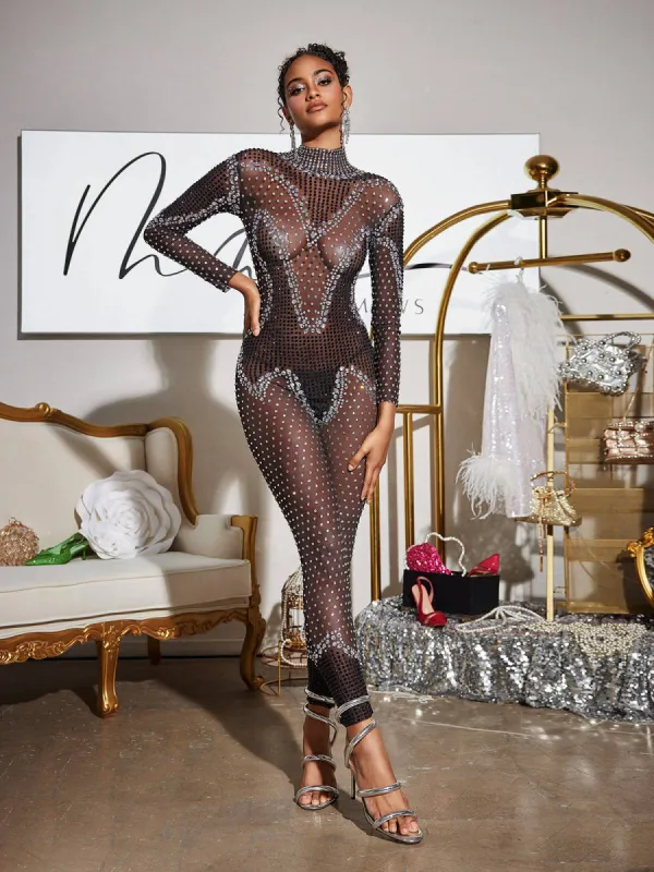 Lanen Turtleneck Rhinestone Mesh Jumpsuit sold by Mew Mews