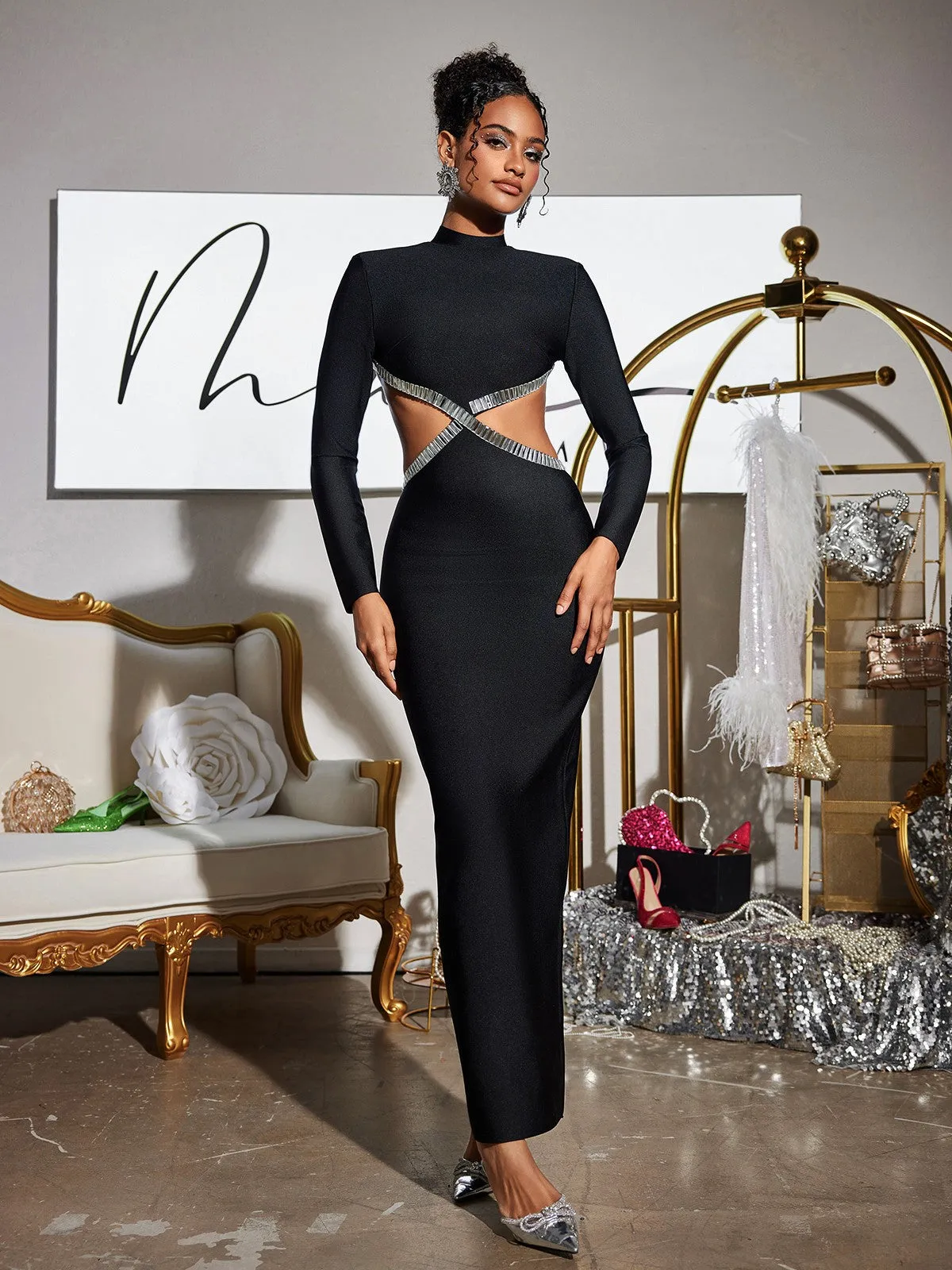 Ephai Rhinestone Cutout Bandage Dress In Black sold by Mew Mews product image thumbnail 4