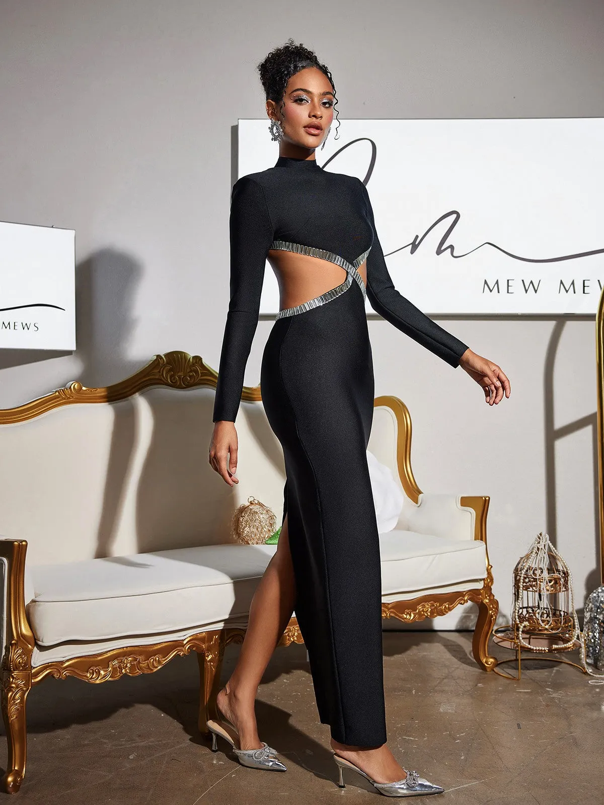 Ephai Rhinestone Cutout Bandage Dress In Black sold by Mew Mews product image thumbnail 5