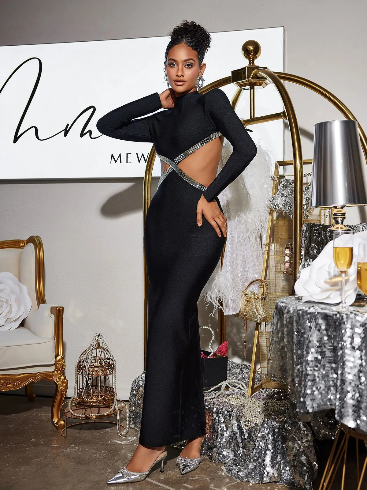 Ephai Rhinestone Cutout Bandage Dress In Black sold by Mew Mews product image thumbnail 2