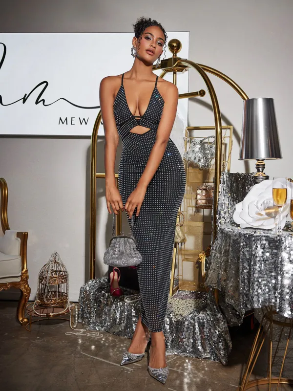 Denali Halterneck Hollow Rhinestone Midi Dress In Black sold by Mew Mews
