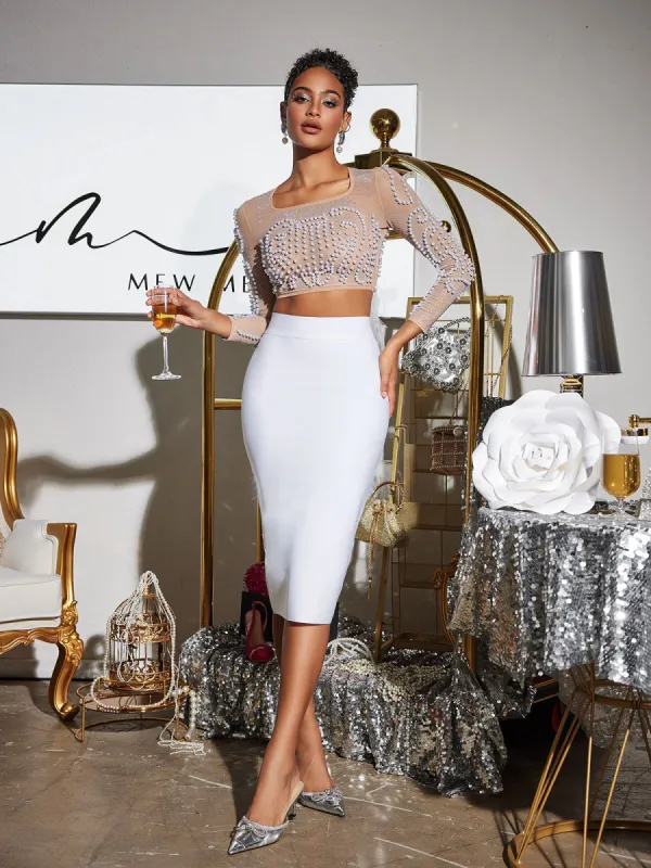 Ozlem Pearl Bandage Skirt Set In White made by Mew Mews