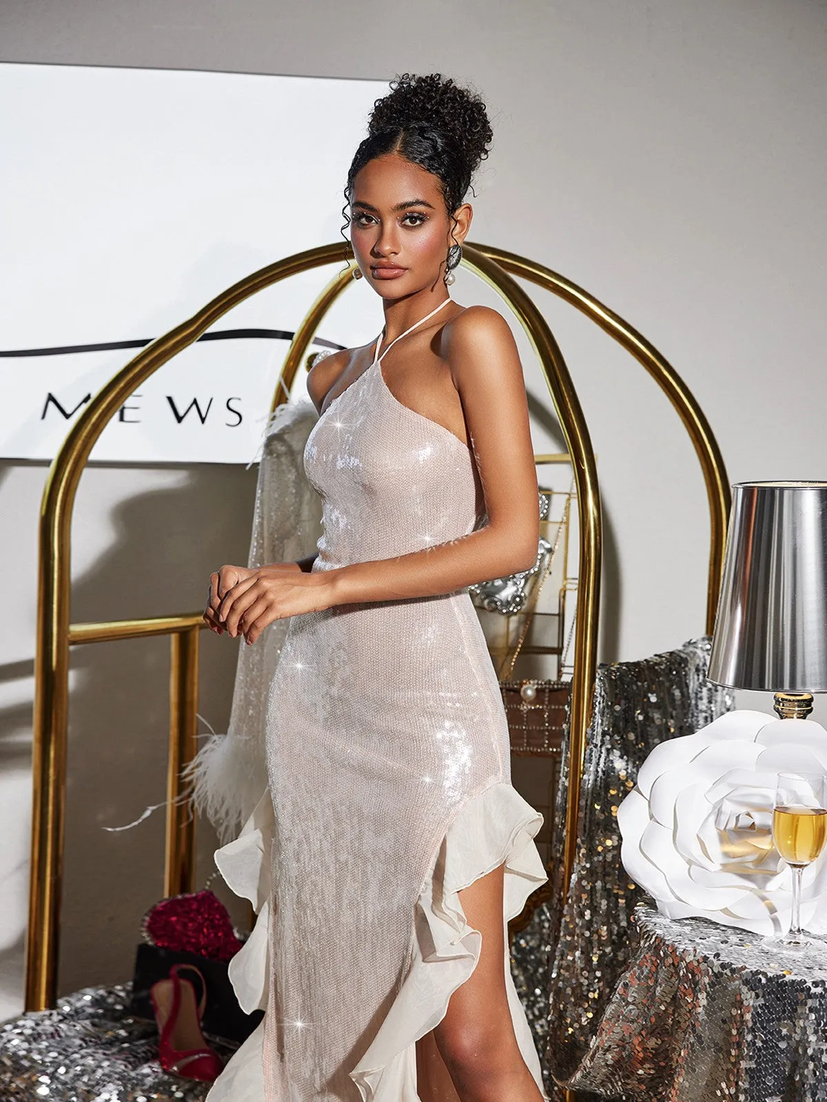 Nira Halterneck Sequin Split Dress sold by Mew Mews product image thumbnail 3