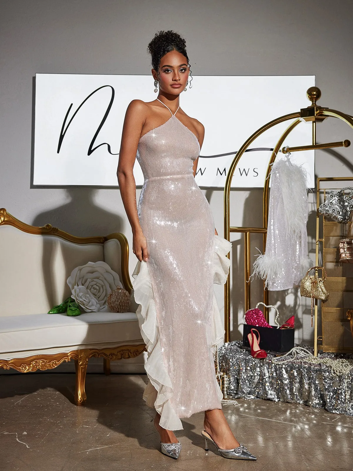 Nira Halterneck Sequin Split Dress sold by Mew Mews product image thumbnail 5