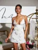 Mateo Pearl Flower Patchwork Bandage Dress In White sold by Mew Mews