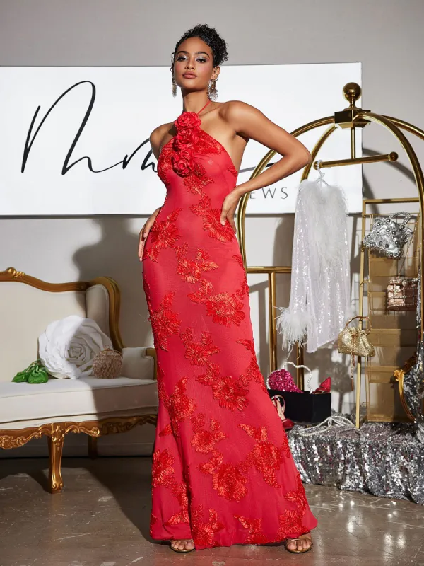 Aedin Halterneck Flower Maxi Dress In Red sold by Mew Mews
