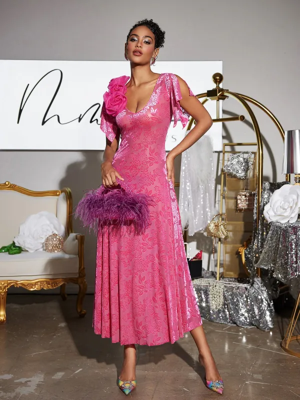 Kymani Plunge Neck Flower Midi Dress sold by Mew Mews