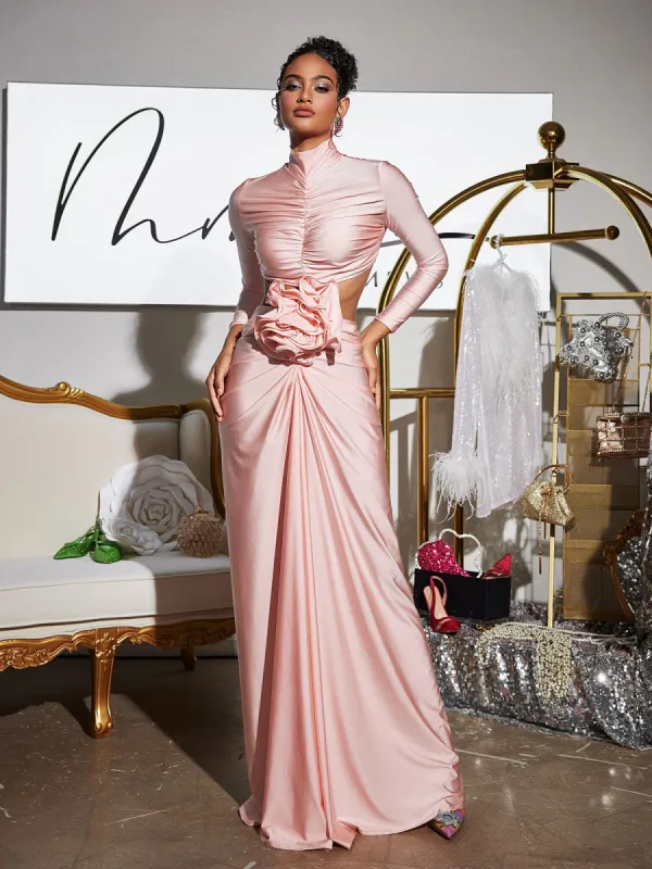 Renwick Long Sleeve Flower Cutout Maxi Dress In Pink sold by Mew Mews