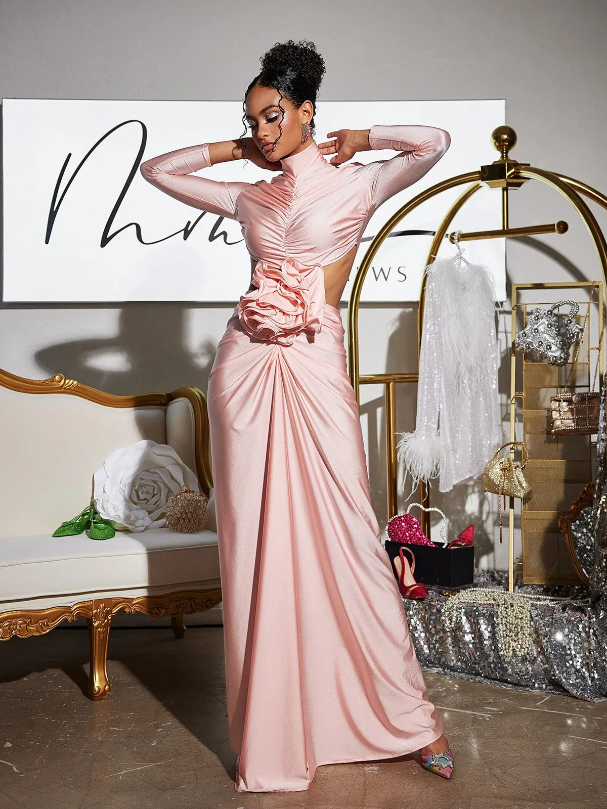 Renwick Long Sleeve Flower Cutout Maxi Dress In Pink sold by Mew Mews product image thumbnail 4
