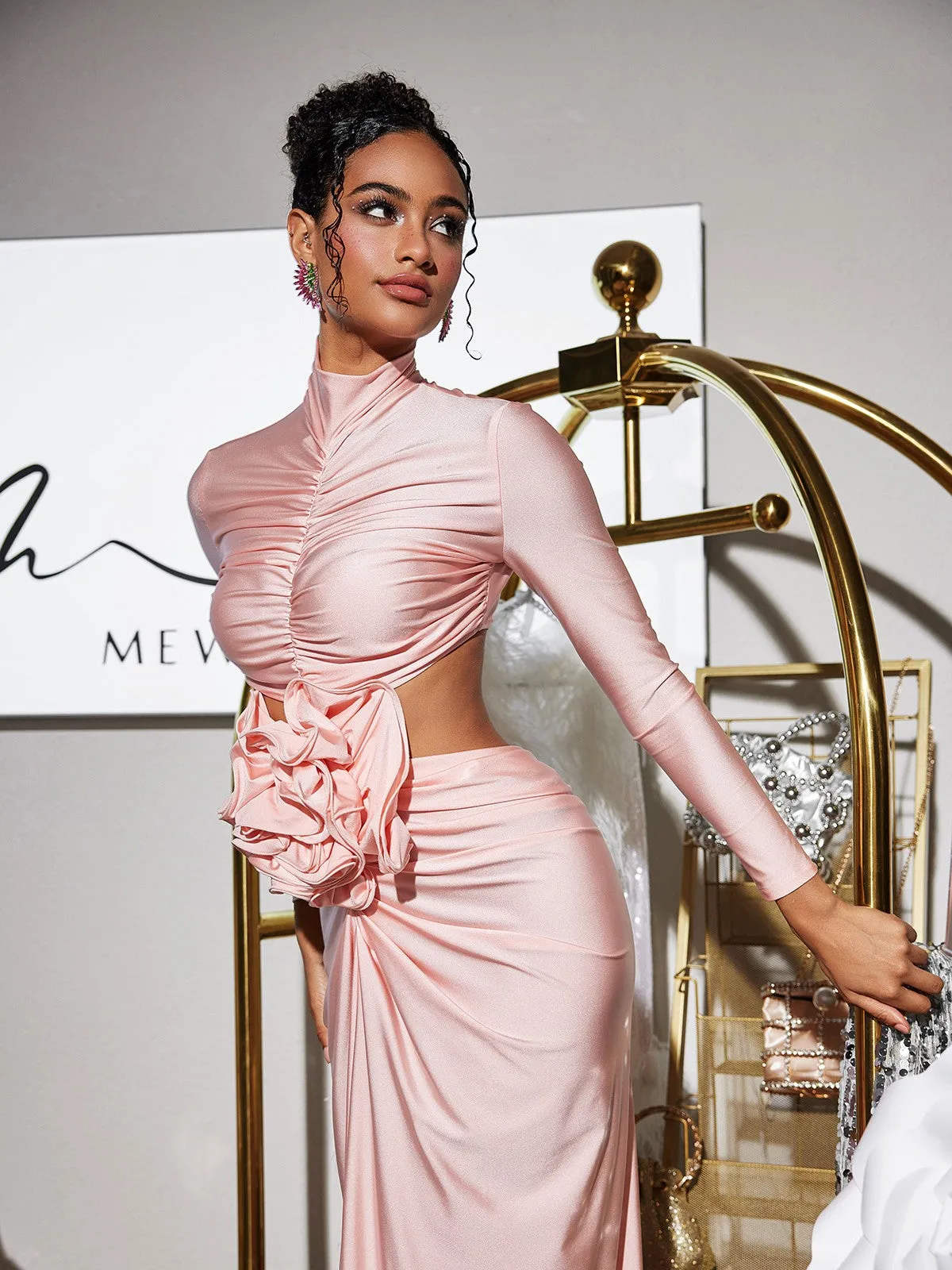 Renwick Long Sleeve Flower Cutout Maxi Dress In Pink sold by Mew Mews product image thumbnail 3