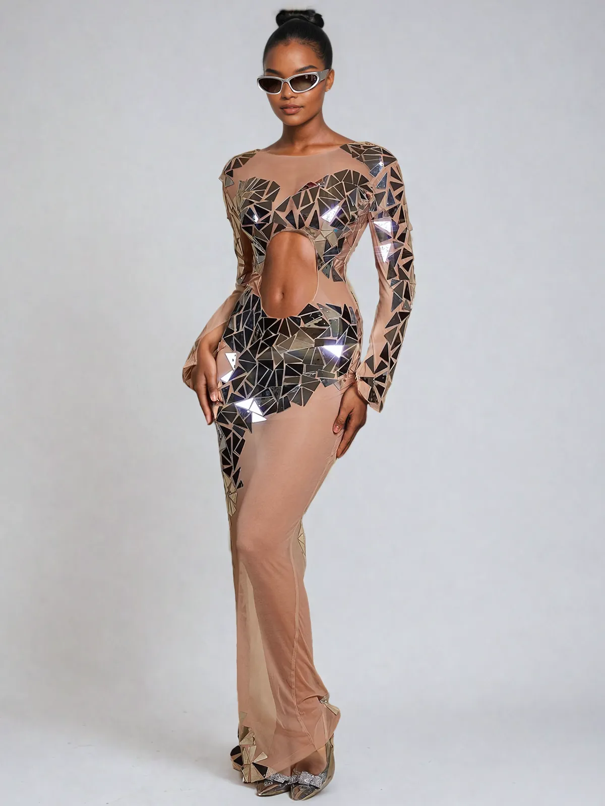 Edwina Long Sleeve Acrylic Cutout Mesh Maxi Dress sold by Mew Mews product image thumbnail 2