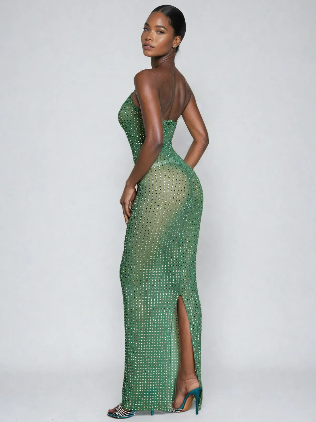Karter Halterneck Diamond Mesh Maxi Dress In Green sold by Mew Mews product image thumbnail 3