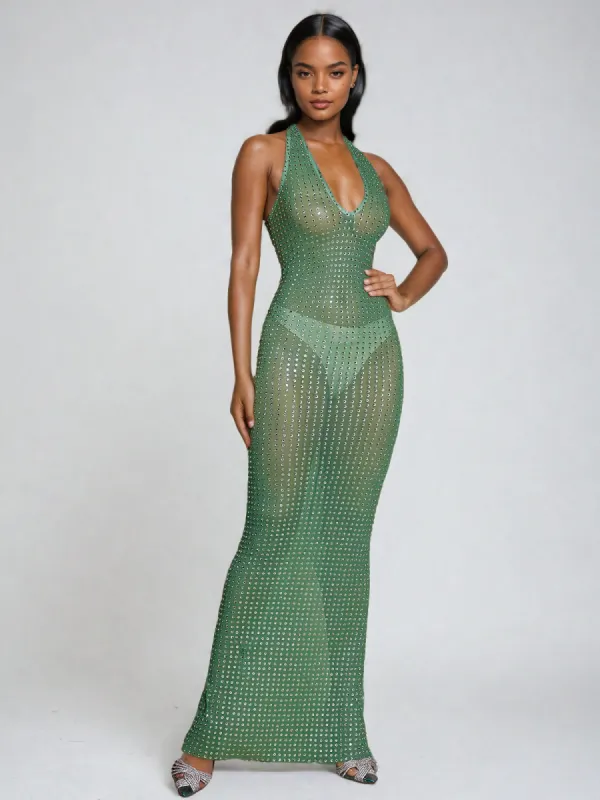 Karter Halterneck Diamond Mesh Maxi Dress In Green sold by Mew Mews