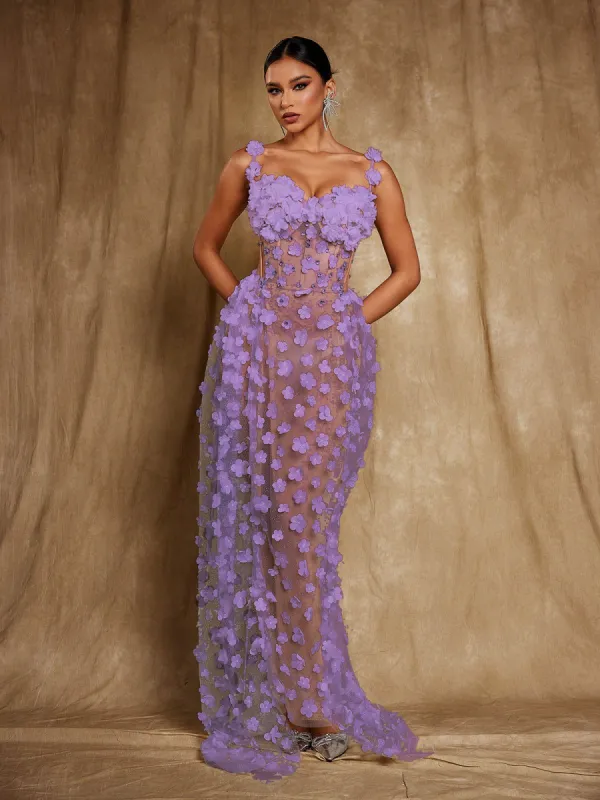 Oksana Spaghetti Flower Corset Maxi Dress In Purple made by Mew Mews