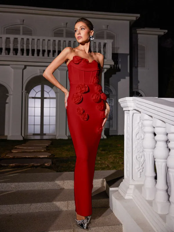 Arushi Strapless Flower Bandage Dress In Red sold by Mew Mews