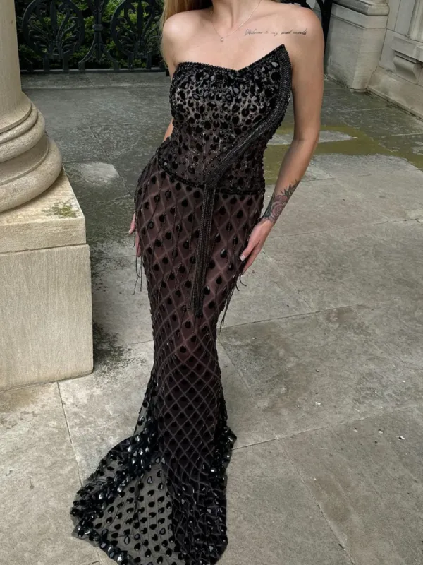Seaol Strapless Rhinestone Fringe Mesh Dress sold by Mew Mews