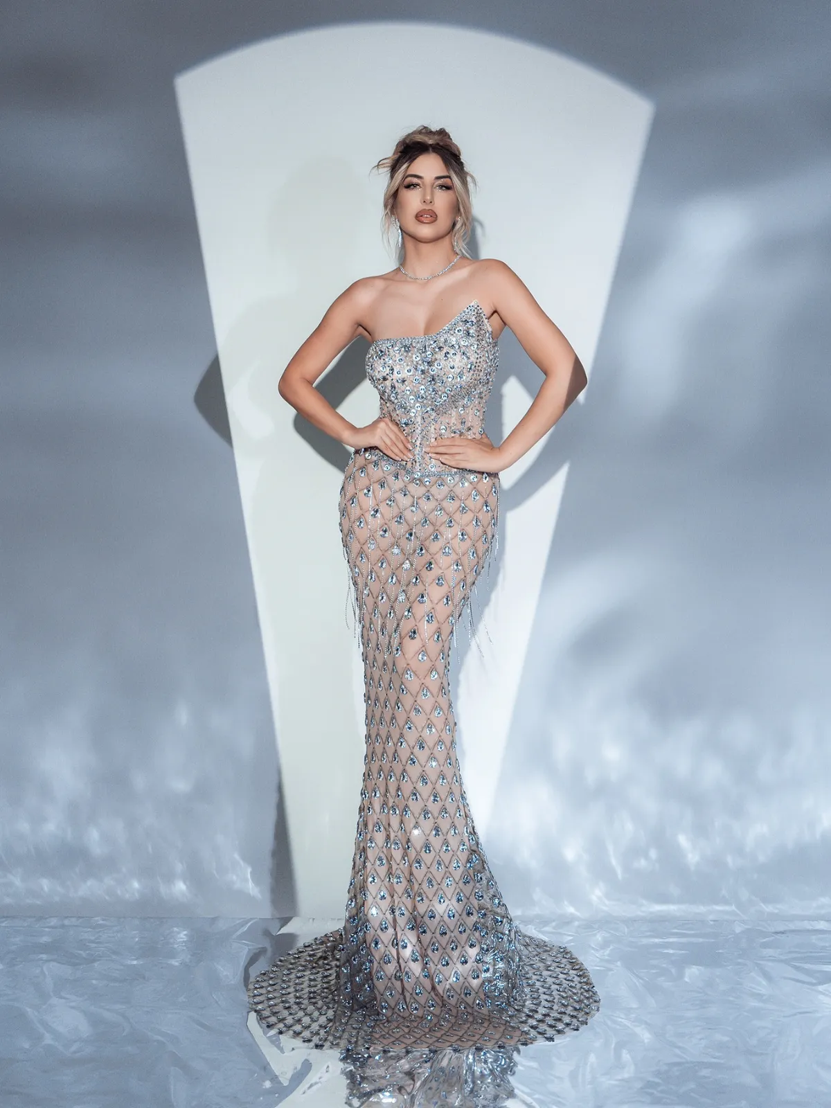 Sean Strapless Rhinestone Mesh Maxi Dress sold by Mew Mews product image thumbnail 3