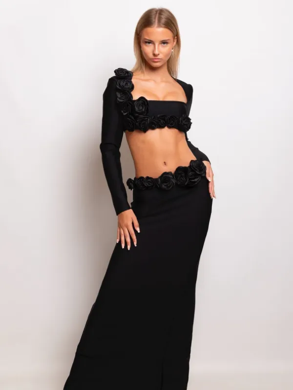Rufus Flower Bandage Skirt Set In Black sold by Mew Mews