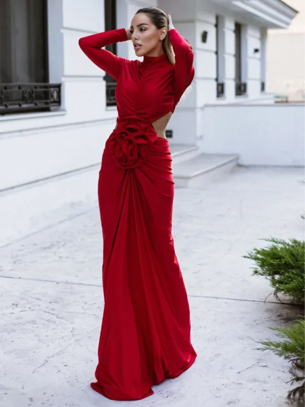 Renwick Long Sleeve Flower Cutout Maxi Dress In Red sold by Mew Mews