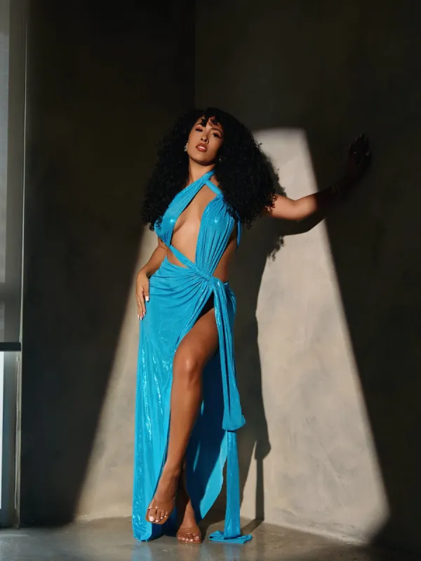 Pietro One Shoulder Cutout Metallic Dress sold by Mew Mews