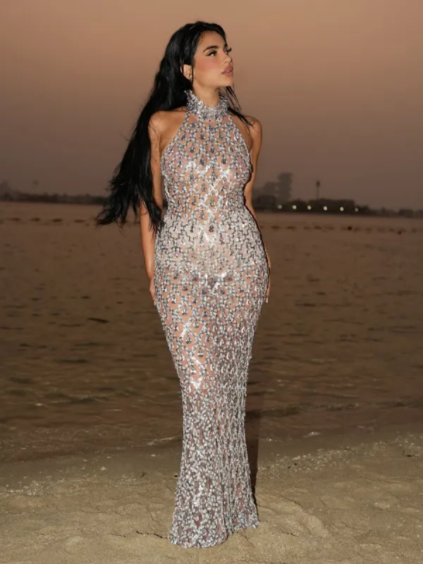 Liora Sequin Crystal Maxi Dress In Light Nude sold by Mew Mews