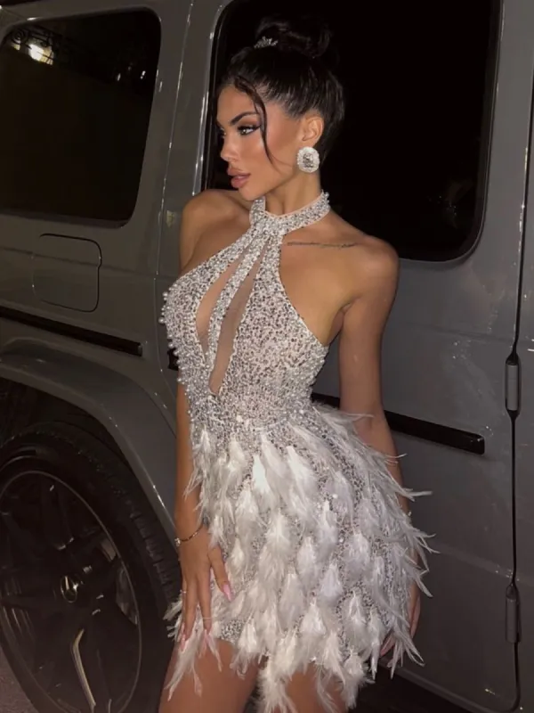 Bronte Halterneck Pearl Sequin Feather Mini Dress sold by Mew Mews