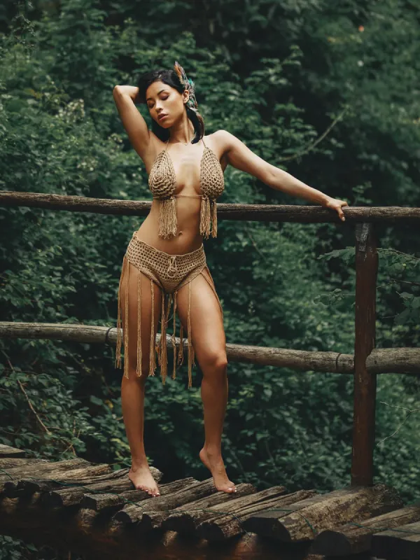 Berlin Knit Fringe Bikini Two Piece Set In Brown sold by Mew Mews