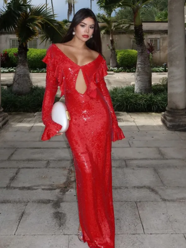 Ailana Flared Sleeves Cutout Sequin Maxi Dress sold by Mew Mews