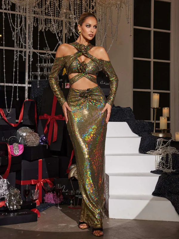 Lowen Flower Cutout Sequin Maxi Dress In Olive sold by Mew Mews