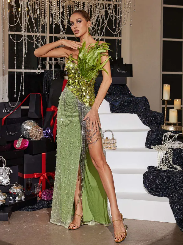 Qorow Feather Trimmed Crystal Chain Fringe Maxi Dress sold by Mew Mews