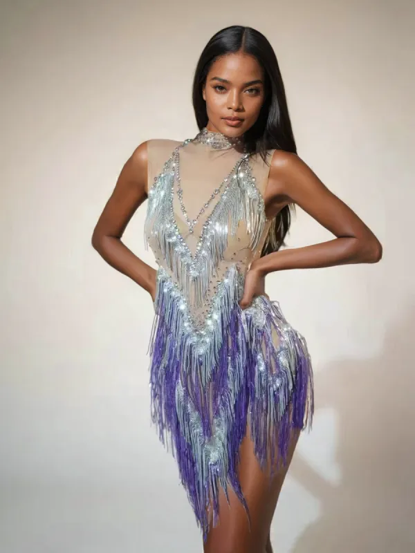 Buggan Rhinestone Fringe Mesh Mini Bodysuit In Purple sold by Mew Mews