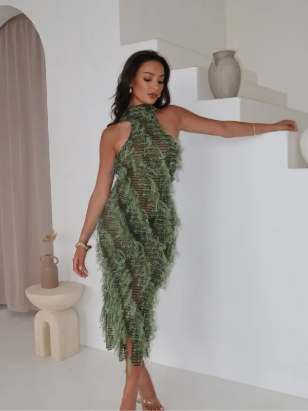 Arlo Halterneck Backless Hollow Midi Dress In Green sold by Mew Mews