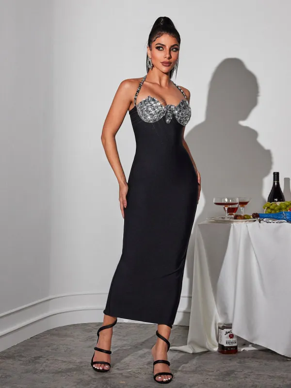 Honorina Halterneck Rhinestone Bandage Midi Dress sold by Mew Mews