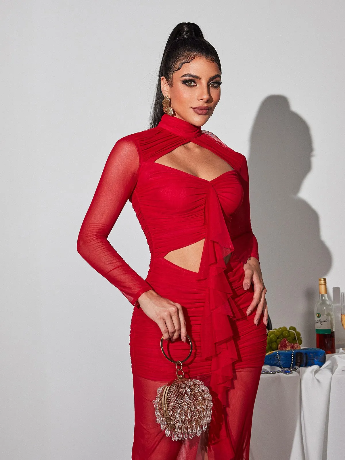 Bedelia Long Sleeve Cutout Mesh Maxi Dress sold by Mew Mews product image thumbnail 4