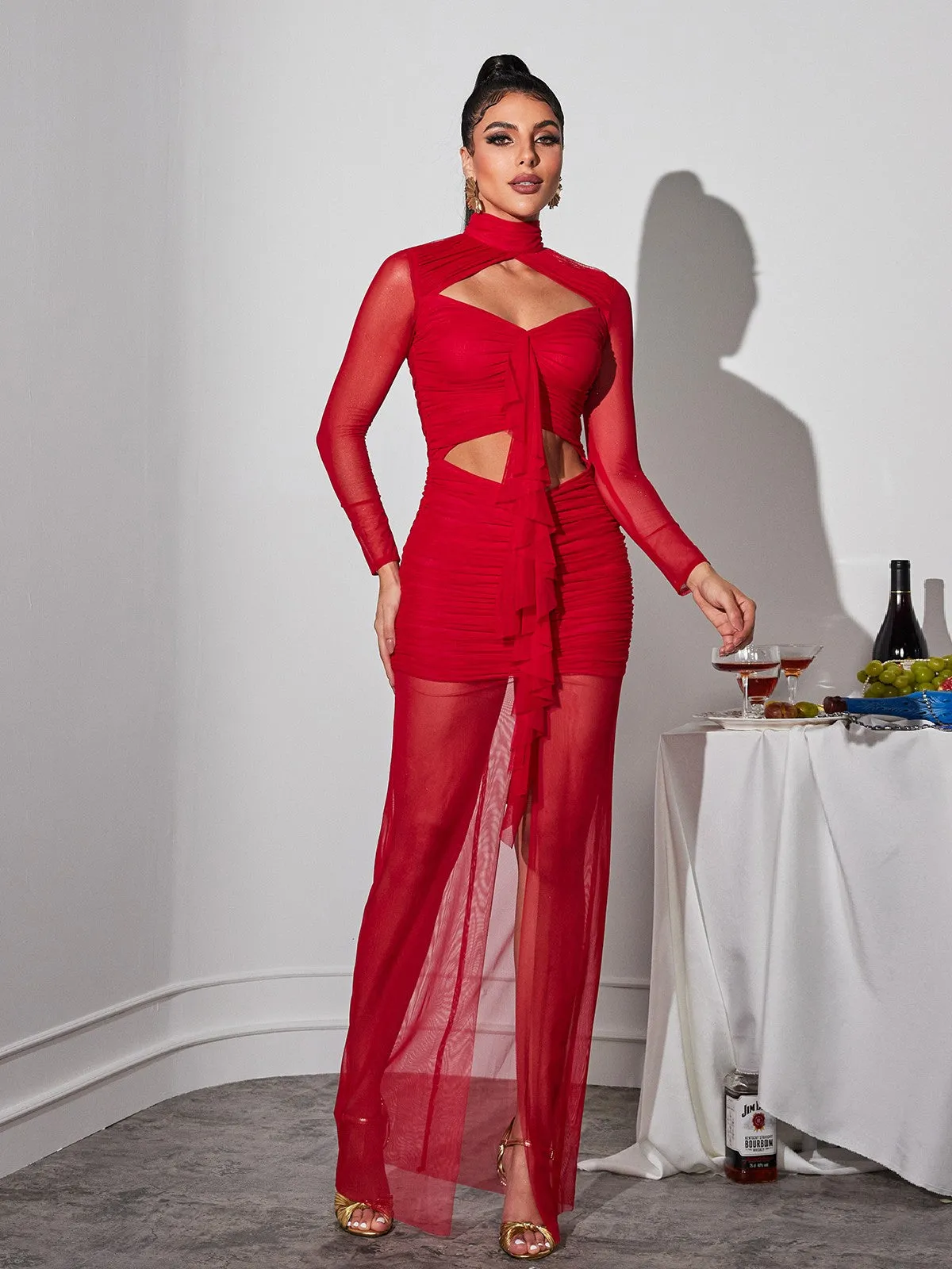 Bedelia Long Sleeve Cutout Mesh Maxi Dress sold by Mew Mews product image thumbnail 3