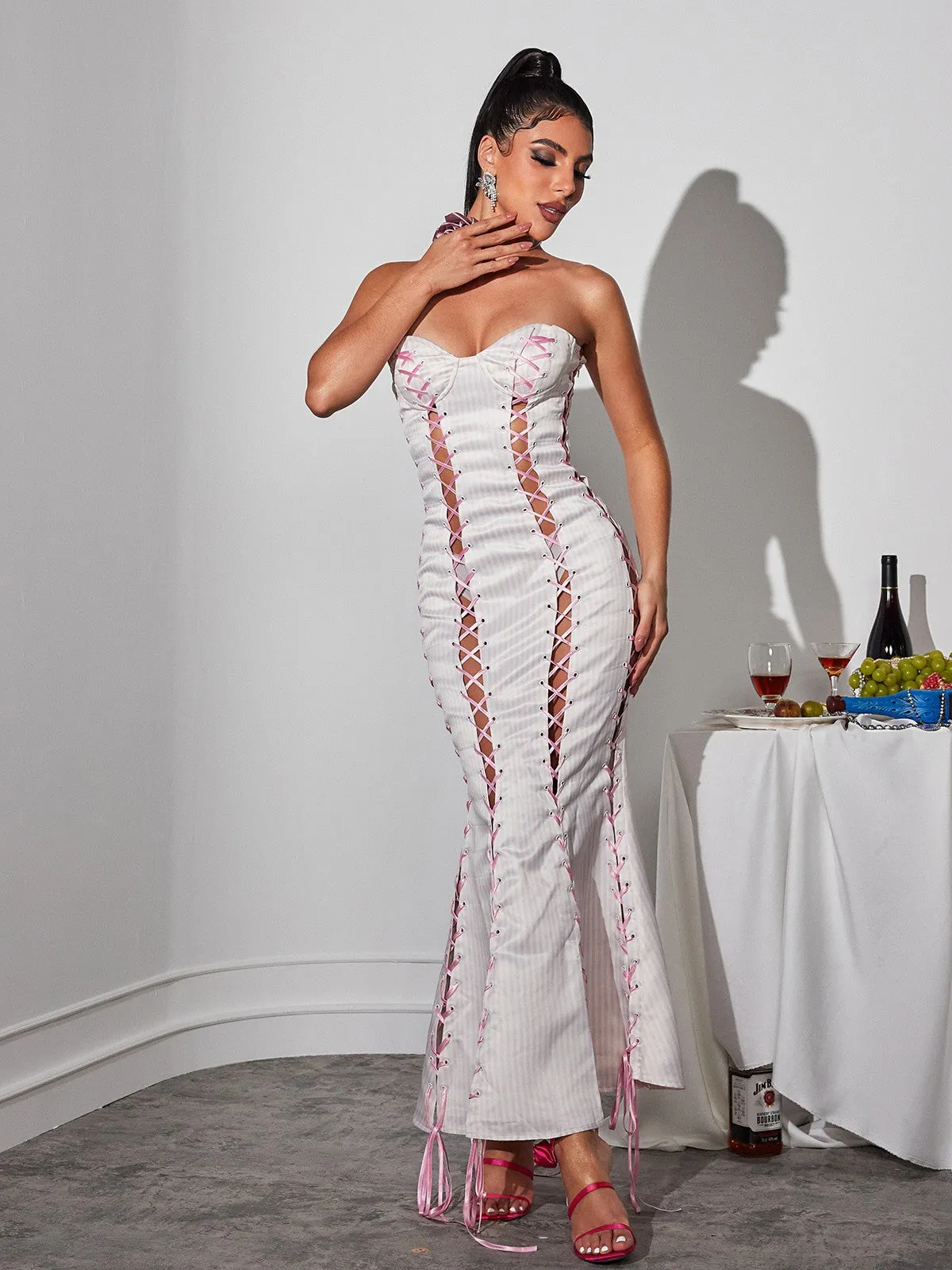 Eleusine Lace Up Stripe Maxi Dress sold by Mew Mews product image thumbnail 5