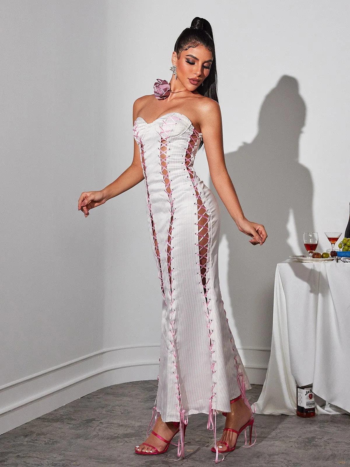 Eleusine Lace Up Stripe Maxi Dress sold by Mew Mews product image thumbnail 2