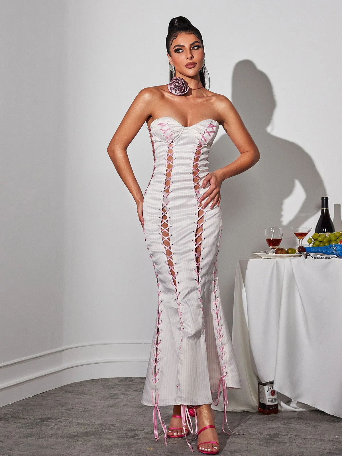 Eleusine Lace Up Stripe Maxi Dress sold by Mew Mews product image thumbnail 4
