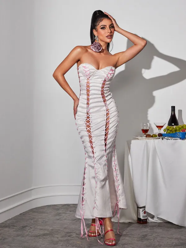 Eleusine Lace Up Stripe Maxi Dress made by Mew Mews