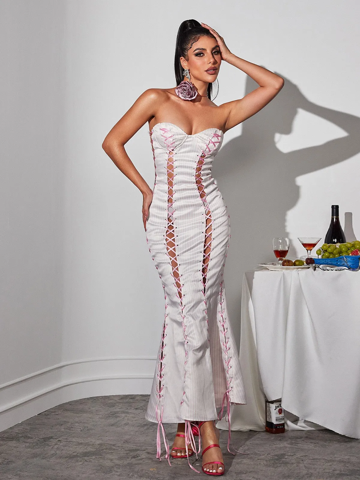 Eleusine Lace Up Stripe Maxi Dress sold by Mew Mews