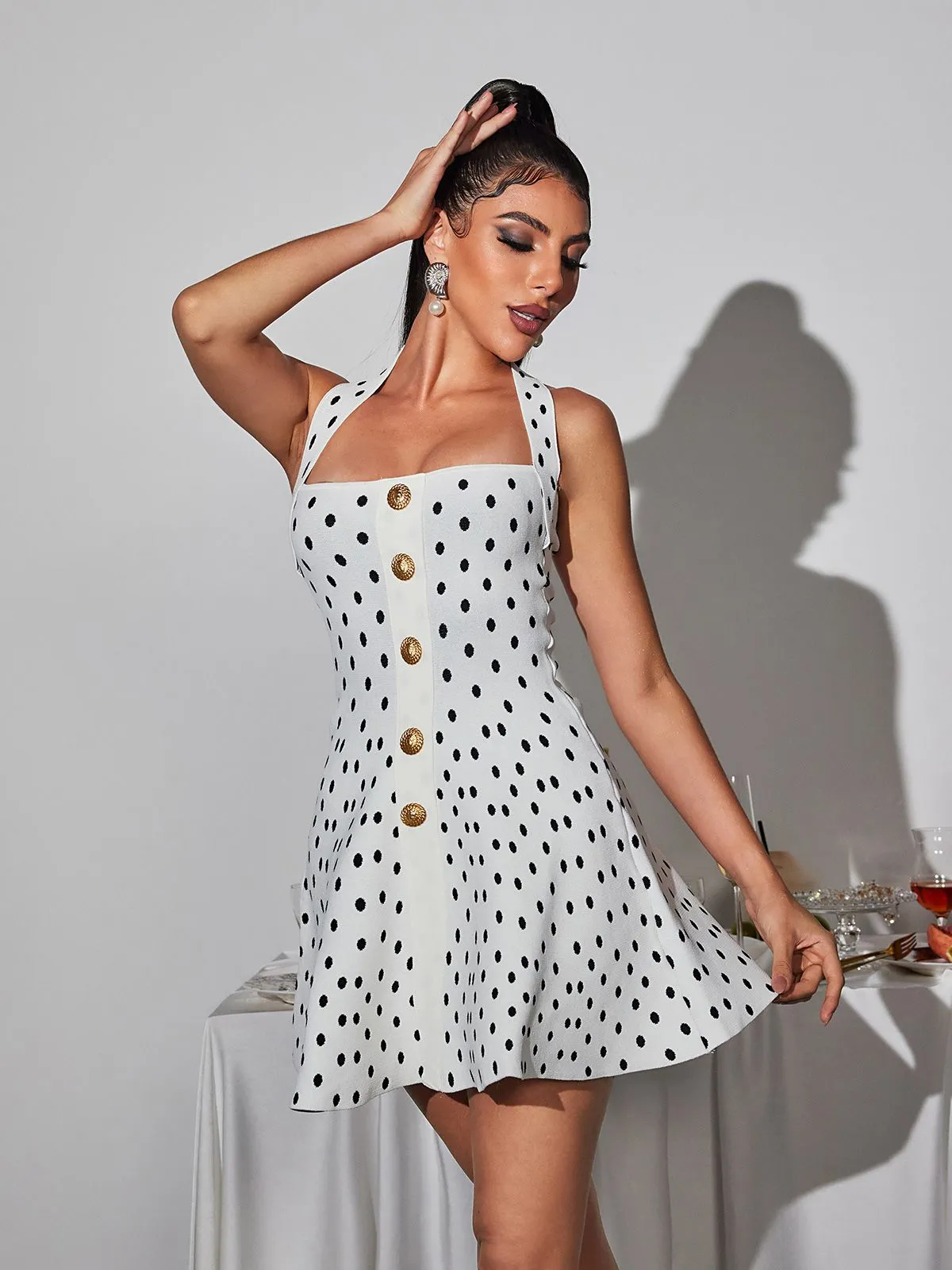 Kiffany Halterneck Polka Dot Knitted Mini Dress sold by Mew Mews product image thumbnail 4