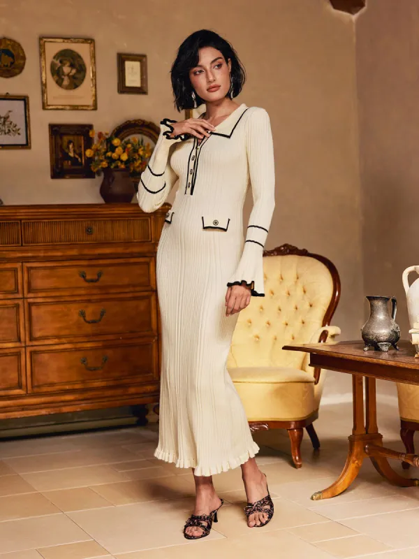 Shalita Long Sleeve Ruffle Button Knitted Midi Dress In Apricot made by Mew Mews