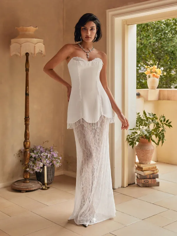 Kristy Strapless Fringe Lace Maxi Dress made by Mew Mews