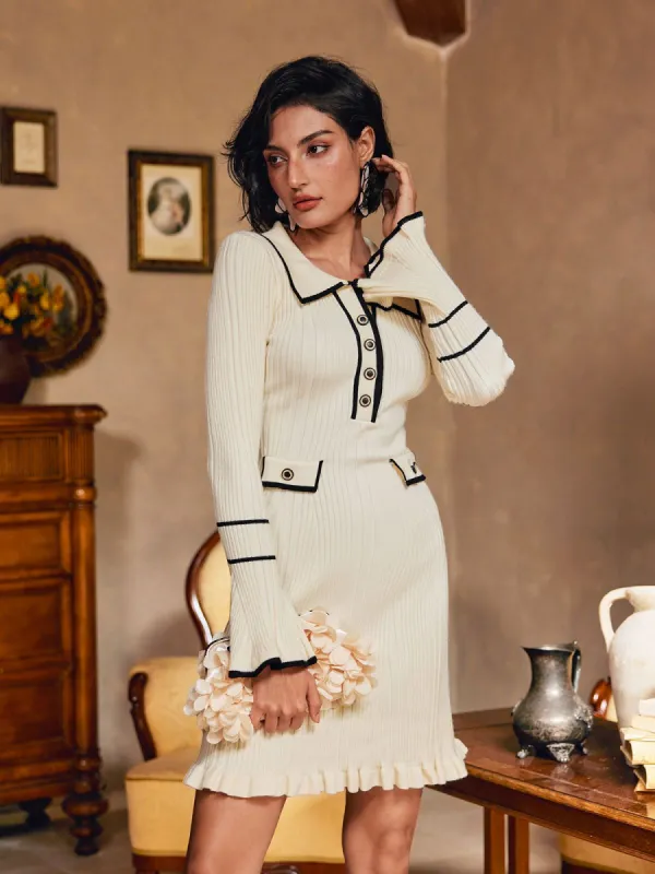 Shalita Long Sleeve Ruffle Button Knitted Mini Dress sold by Mew Mews