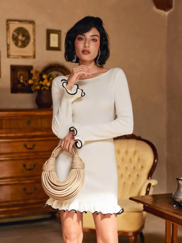 Tionne Long Sleeve Ruffle Knitted Mini Dress In White sold by Mew Mews