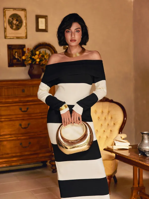 Jamaar Off Shoulder Stripe Maxi Dress made by Mew Mews