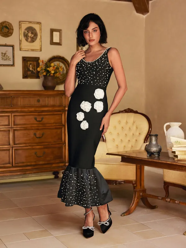 Reddy Plunge Neck Pearl Flower Midi Dress sold by Mew Mews